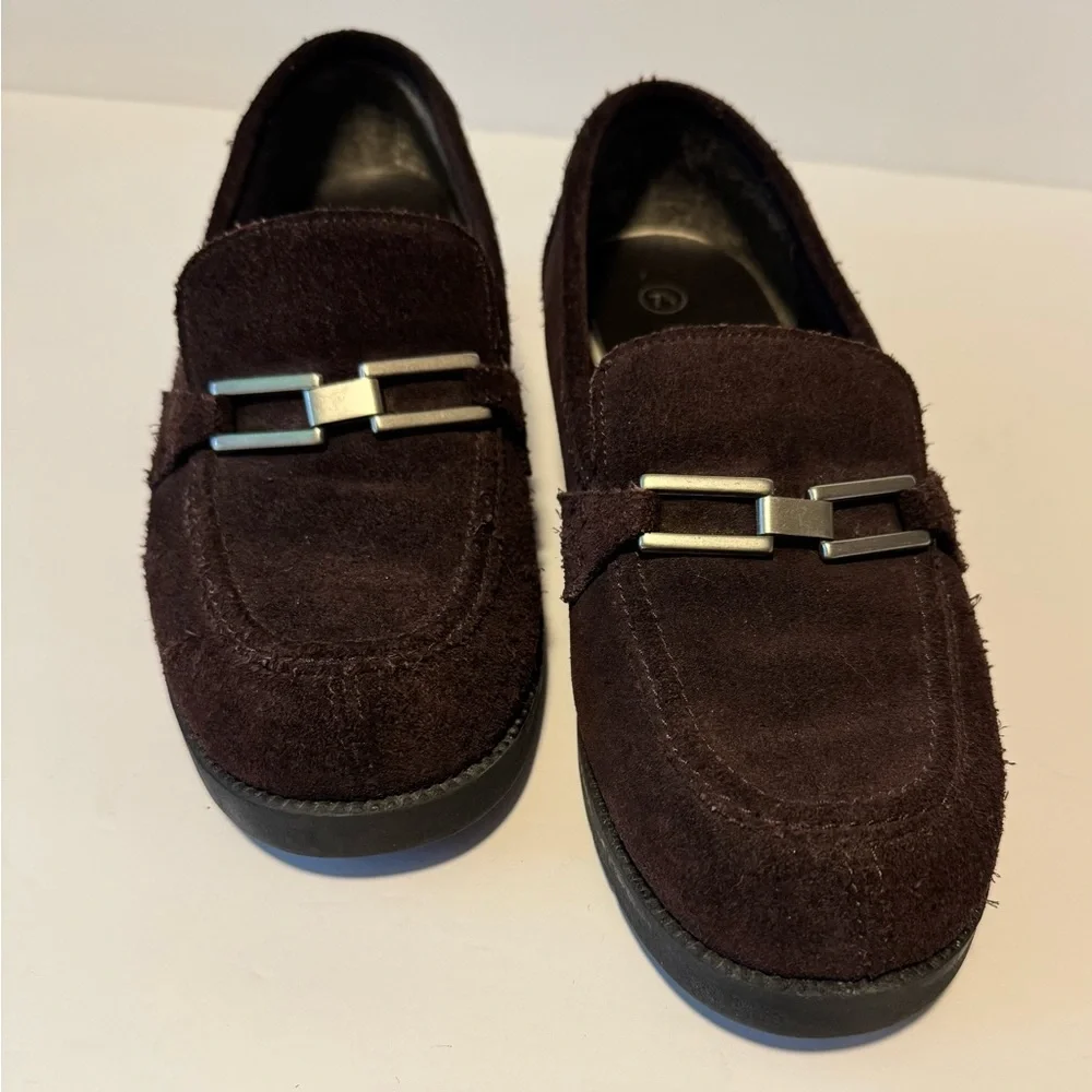 Predictions Women's 7.5 Loafers Faux Suede Buckle Slip-On Brown